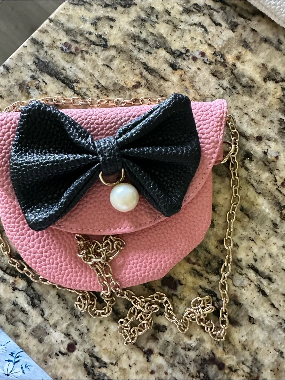 MWOT Doe A Dear Girls Pink Vegan Leather Mini Crossbody Black Bow & Pearl Accent